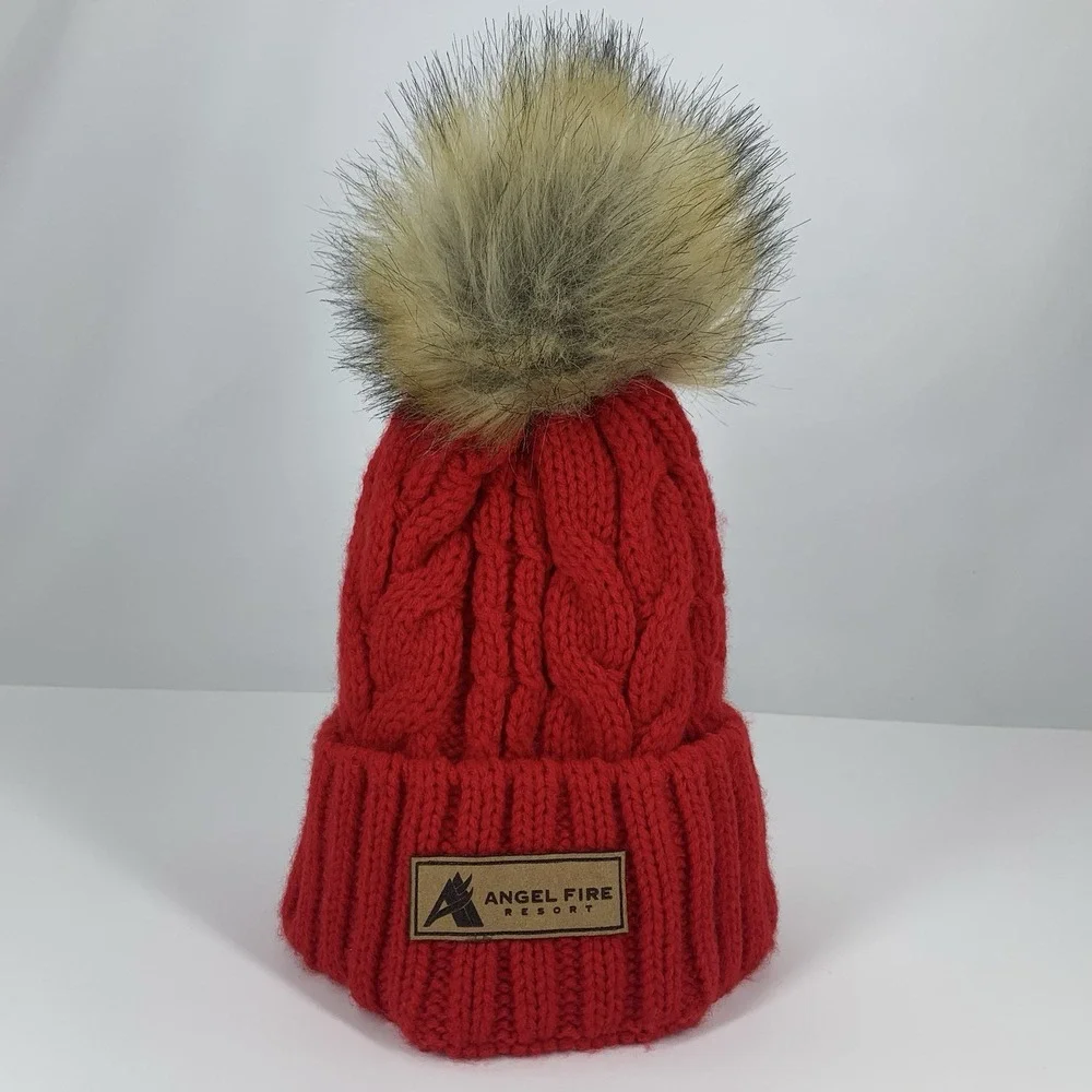 Angel Fire Resort Beanie YOUTH Locale Outdoors Faux Fur Pom Red Knit Hat Cap